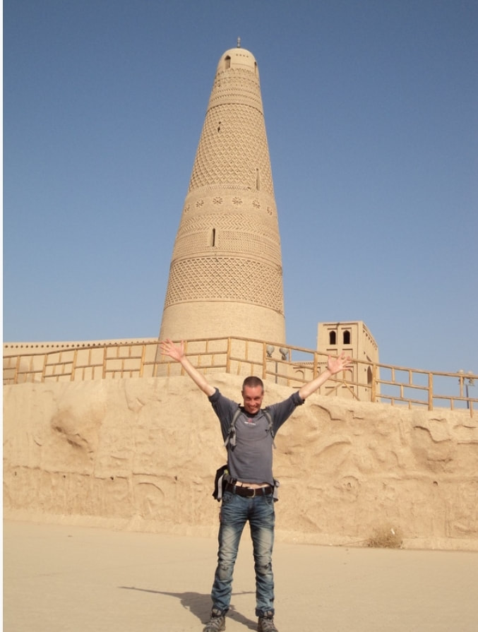 Nomadic Backpacker in front of the Afghan Mosque in Turpan, China